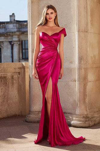 Fuchsia Mermaid Satin One Shoulder Ruched Long Prom Dress with Slit