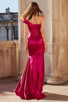 Load image into Gallery viewer, Fuchsia Mermaid Satin One Shoulder Ruched Long Prom Dress with Slit