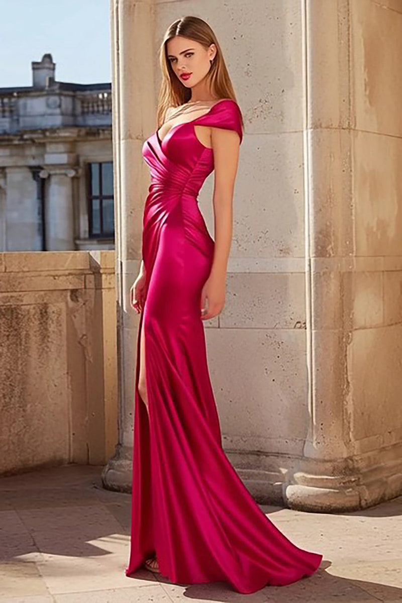 Load image into Gallery viewer, Fuchsia Mermaid Satin One Shoulder Ruched Long Prom Dress with Slit