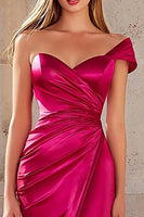 Load image into Gallery viewer, Fuchsia Mermaid Satin One Shoulder Ruched Long Prom Dress with Slit