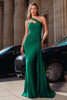 Load image into Gallery viewer, Dark Green Mermaid Satin Sweetheart Long Prom Dress with Side Cape
