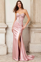 Load image into Gallery viewer, Sparkly Pink Mermaid Satin Beaded Long Corset Prom Dress