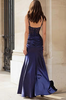 Load image into Gallery viewer, Sparkly Navy Satin Spaghetti Straps Long Corset Prom Dress with Slit