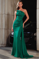 Load image into Gallery viewer, Dark Green Mermaid Satin One Shoulder Long Prom Dress with Side Cape