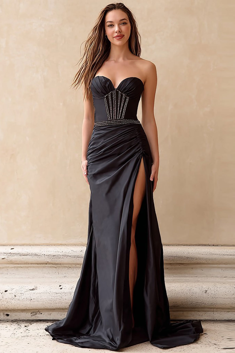 Sparkly Black Satin Ruched Strapless Long Corset Prom Dress with Slit