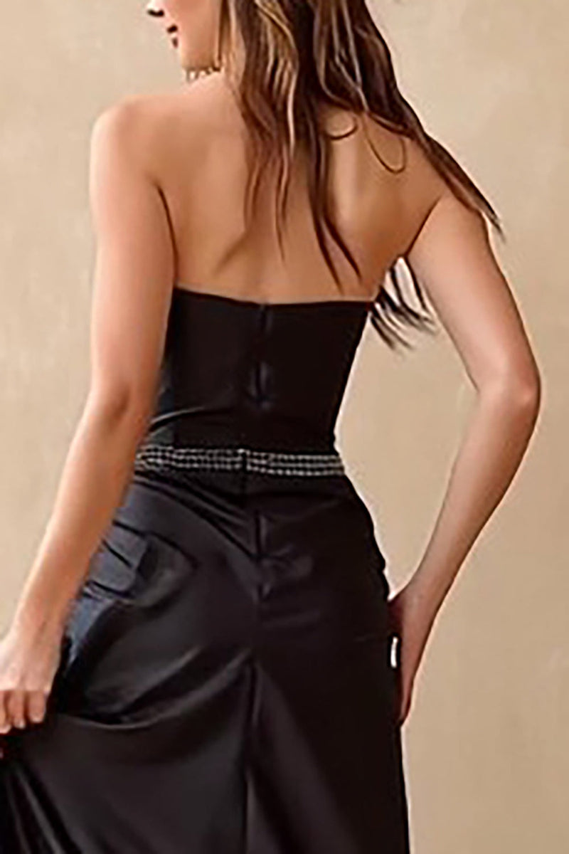 Load image into Gallery viewer, Sparkly Black Satin Ruched Strapless Long Corset Prom Dress with Slit