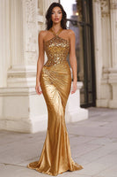 Load image into Gallery viewer, Sparkly Gold Mermaid Sequin Halter Long Prom Dress with Sequins