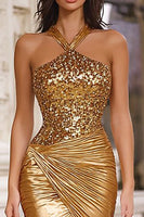 Load image into Gallery viewer, Sparkly Gold Mermaid Sequin Halter Long Prom Dress with Sequins