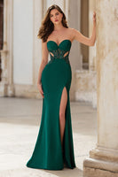 Load image into Gallery viewer, Sparkly Dark Green Mermaid Cut Out Strapless Long Prom Dress with Slit