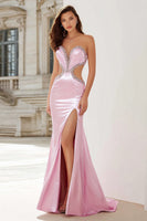 Load image into Gallery viewer, Sparkly Pink Mermaid Beaded Cut Out Strapless Long Prom Dress with Slit