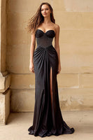 Load image into Gallery viewer, Sparkly Black Satin Sweetheart Long Corset Prom Dress with Slit
