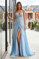 Load image into Gallery viewer, Sky Blue A Line Appliqued Sweetheart Long Prom Dress with Slit