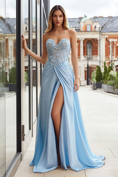 Sky Blue A Line Appliqued Sweetheart Long Prom Dress with Slit
