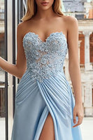 Load image into Gallery viewer, Sky Blue A Line Appliqued Sweetheart Long Prom Dress with Slit