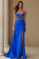 Load image into Gallery viewer, Sparkly Royal Blue Sheath Ruched Long Corset Prom Dress with Slit