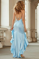 Load image into Gallery viewer, Sky Blue Mermaid Spaghetti Straps High Low Prom Dress with Ruffles