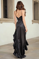 Load image into Gallery viewer, Black Satin Ruffled Spaghetti Straps High Low Prom Dress with Slit