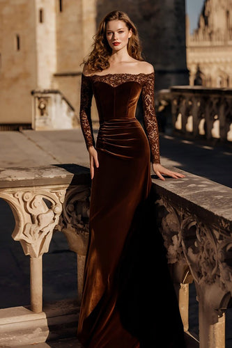 Elegant Brown Mermaid Velvet Long Holiday Party Dress with Lace