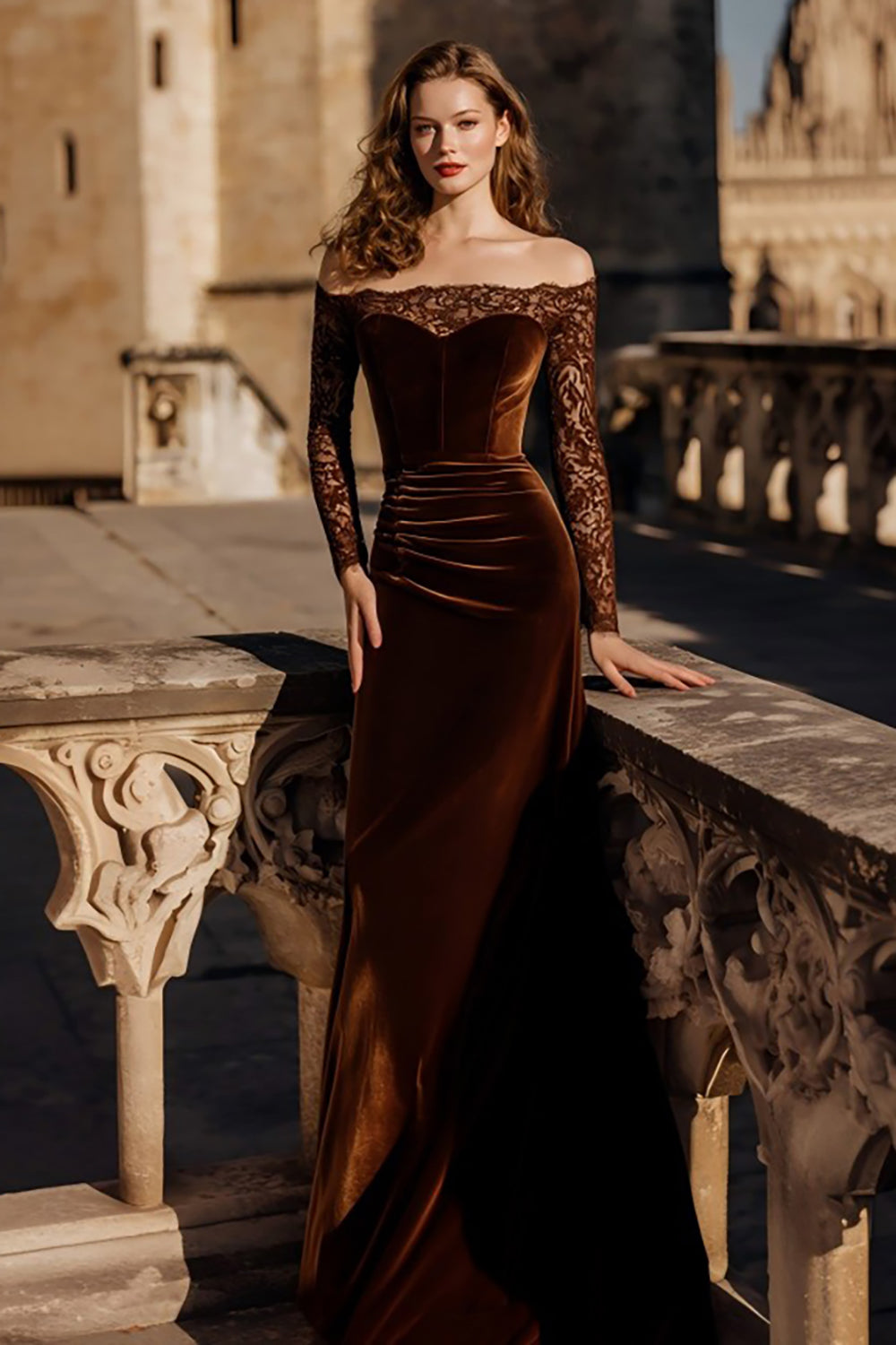 Elegant Brown Mermaid Velvet Long Holiday Party Dress with Lace