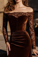 Load image into Gallery viewer, Elegant Brown Mermaid Velvet Long Holiday Party Dress with Lace