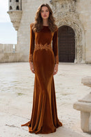 Load image into Gallery viewer, Caramel Appliqued Mermaid Velvet Long Holiday Party Dress