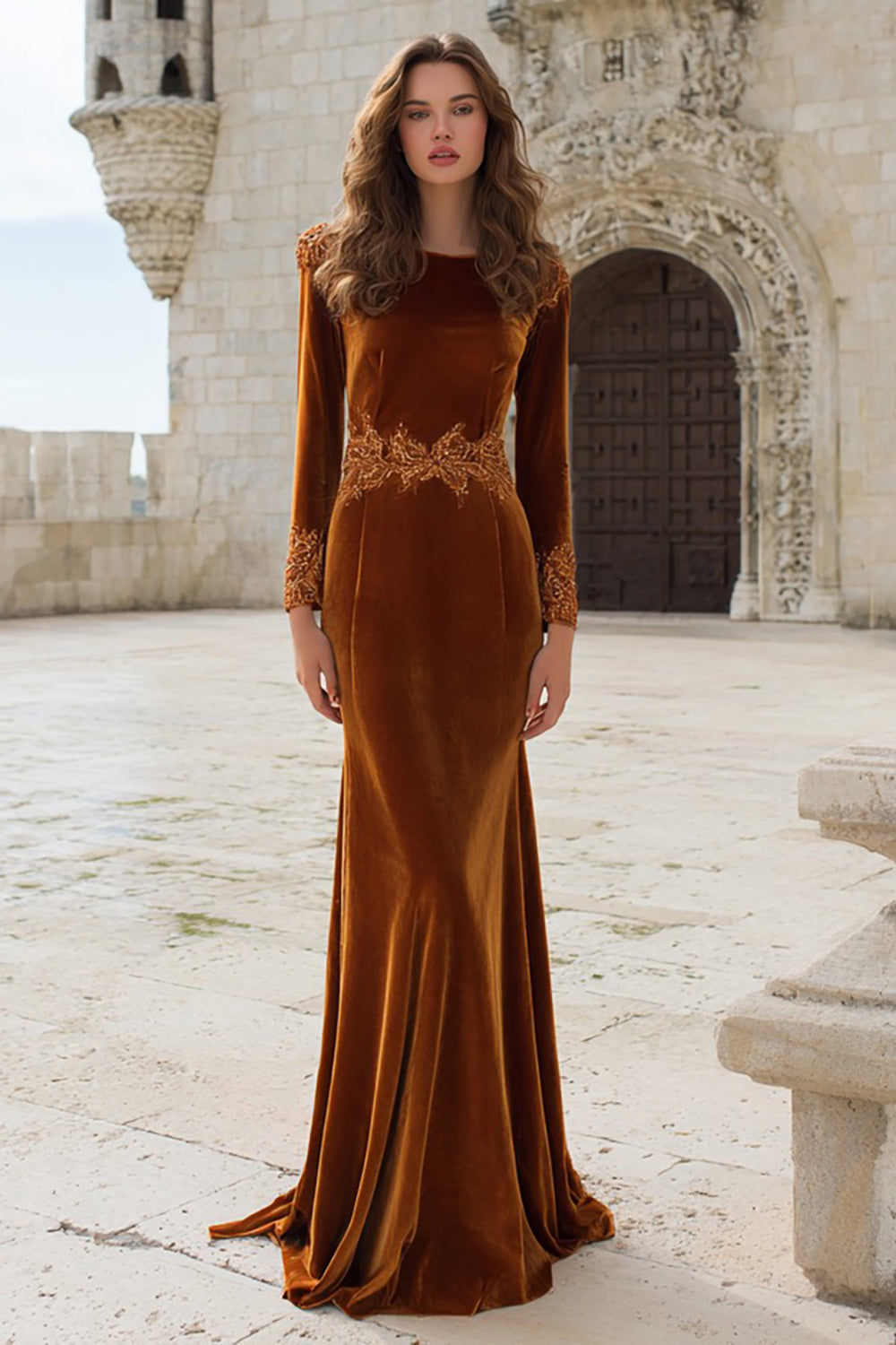 Caramel Appliqued Mermaid Velvet Long Holiday Party Dress