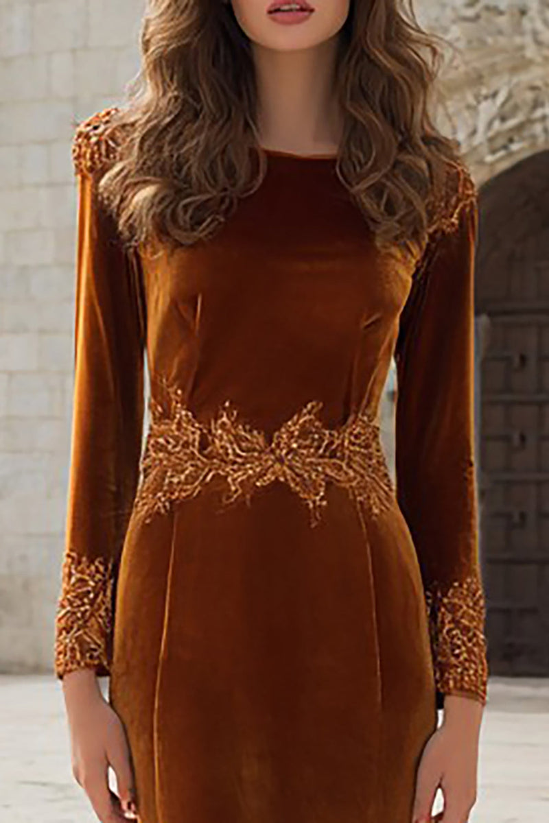 Load image into Gallery viewer, Caramel Appliqued Mermaid Velvet Long Holiday Party Dress
