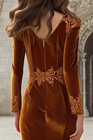 Load image into Gallery viewer, Caramel Appliqued Mermaid Velvet Long Holiday Party Dress