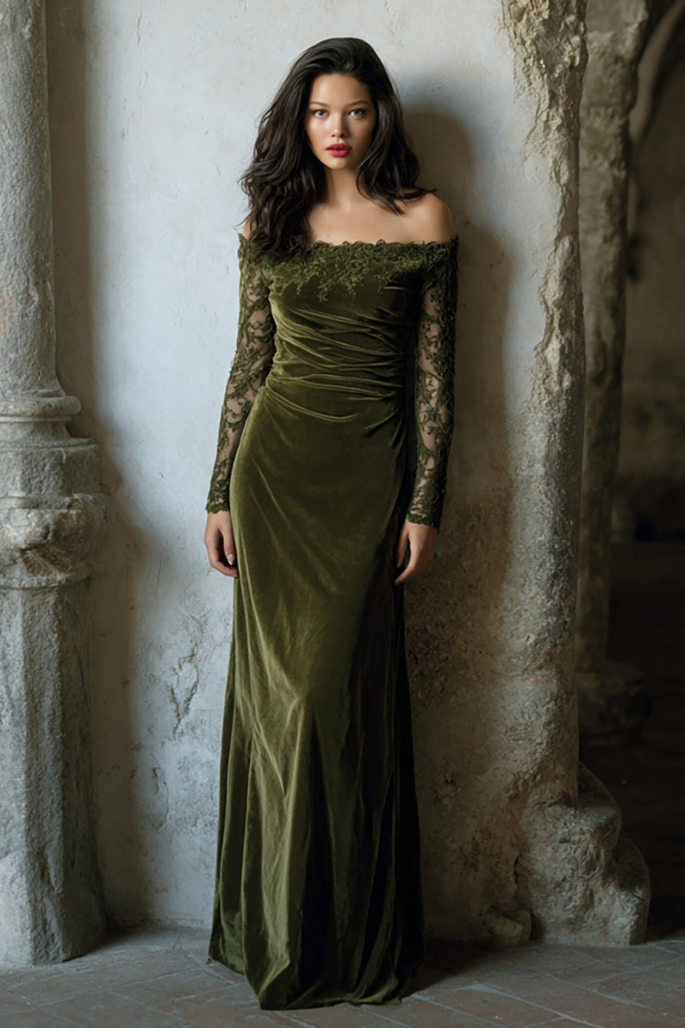 Olive Off the Shoulder Velvet Mermaid Long Holiday Party Dress