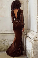 Load image into Gallery viewer, Brown Mermaid V Neck Velvet Long Holiday Party Dress