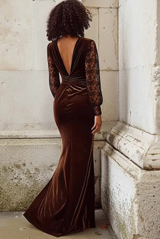 Brown Mermaid V Neck Velvet Long Holiday Party Dress