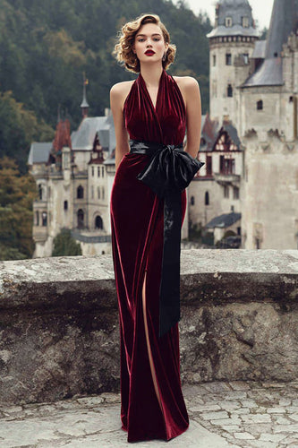 Burgundy Halter Mermaid Velvet Long Holiday Party Dress