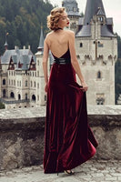 Load image into Gallery viewer, Burgundy Halter Mermaid Velvet Long Holiday Party Dress