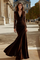 Load image into Gallery viewer, Brown Mermaid Velvet V Neck Long Holiday Party Dress
