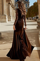 Load image into Gallery viewer, Brown Mermaid Velvet V Neck Long Holiday Party Dress