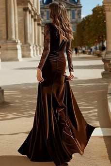 Brown Mermaid Velvet V Neck Long Holiday Party Dress