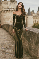 Load image into Gallery viewer, Olive Off the Shoulder Mermaid Long Holiday Party Dress with Sleeves