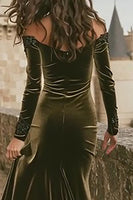 Load image into Gallery viewer, Olive Off the Shoulder Mermaid Long Holiday Party Dress with Sleeves