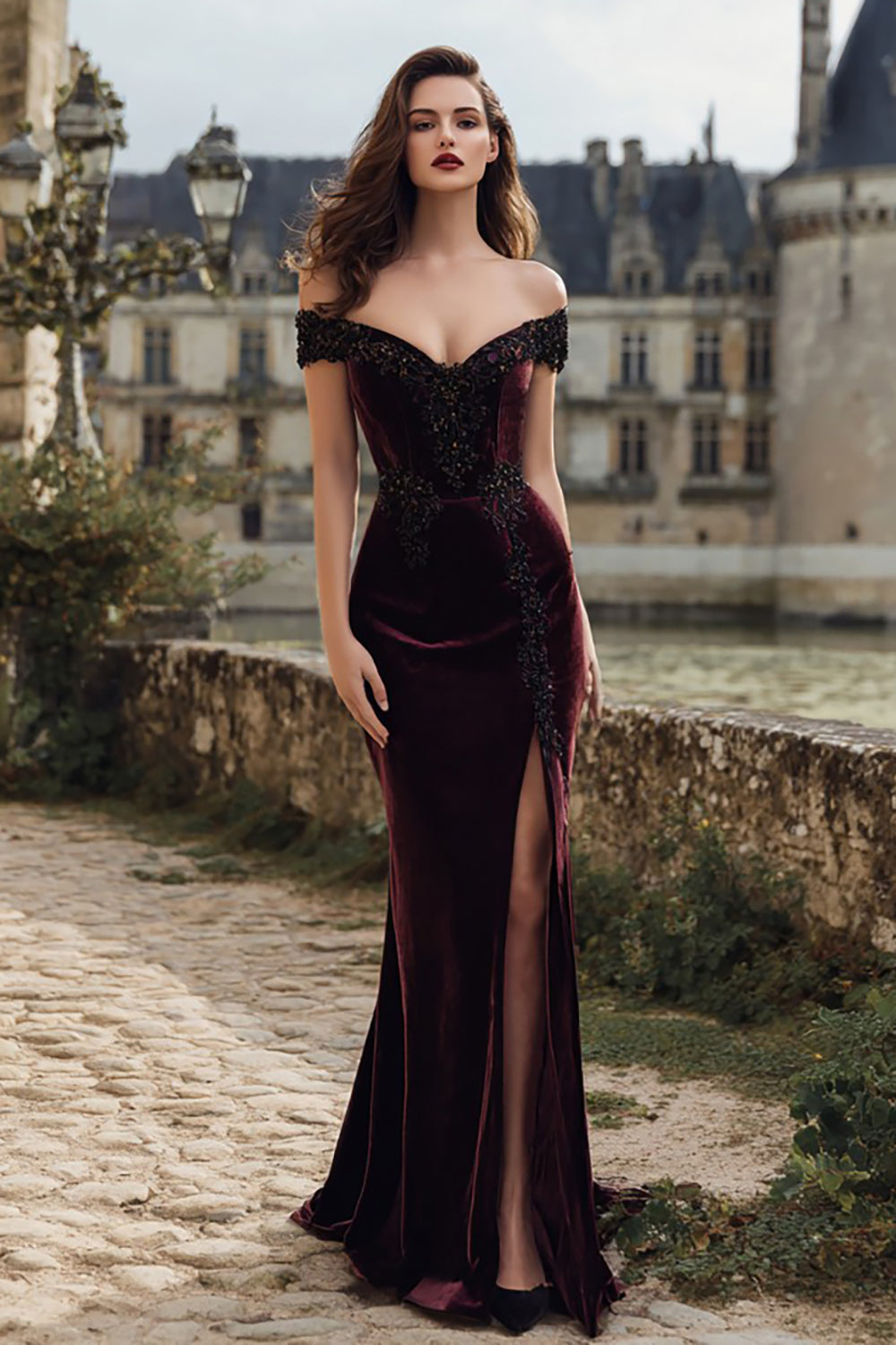 Burgundy Appliqued Mermaid Velvet Long Holiday Party Dress with Slit