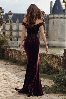 Burgundy Appliqued Mermaid Velvet Long Holiday Party Dress with Slit
