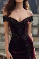 Load image into Gallery viewer, Burgundy Appliqued Mermaid Velvet Long Holiday Party Dress with Slit