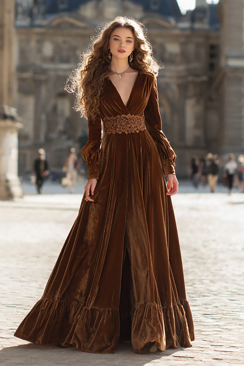 Load image into Gallery viewer, Brown Velvet Long A Line Holiday Party Dress