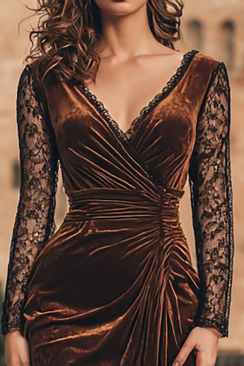 Load image into Gallery viewer, Brown Velvet Mermaid Midi Holiday Party Dress