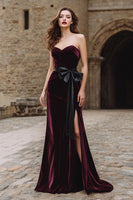 Load image into Gallery viewer, Burgundy Strapless Mermaid Velvet Long Holiday Party Dress with Bow