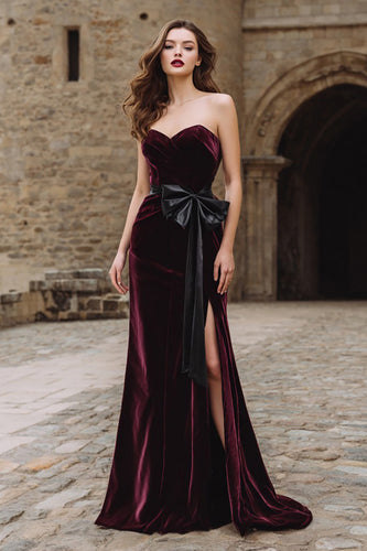 Burgundy Strapless Mermaid Velvet Long Holiday Party Dress with Bow