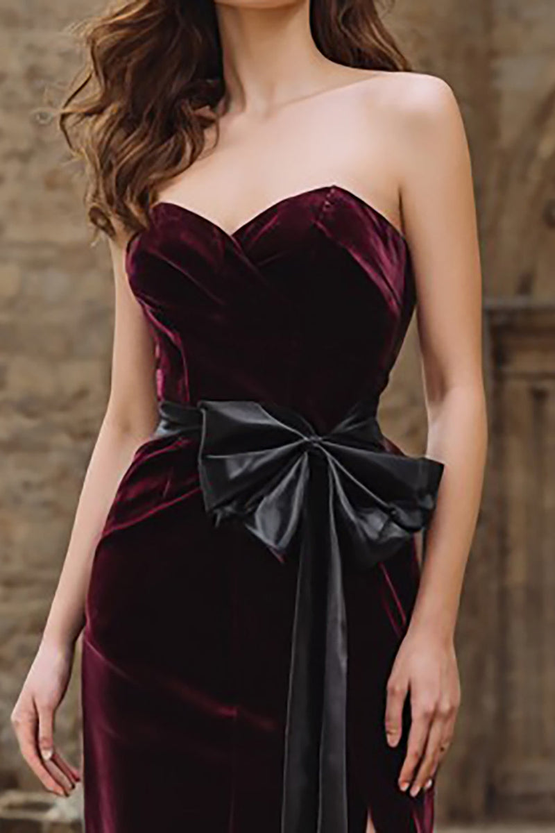 Load image into Gallery viewer, Burgundy Strapless Mermaid Velvet Long Holiday Party Dress with Bow