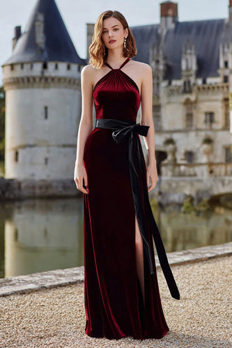 Burgundy Halter Velvet Long Holiday Party Dress with Bow