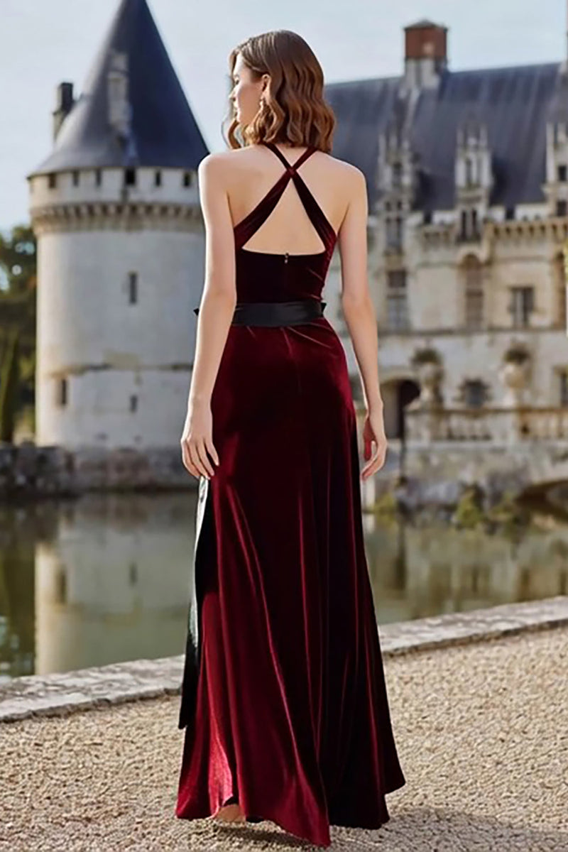 Load image into Gallery viewer, Burgundy Halter Velvet Long Holiday Party Dress with Bow
