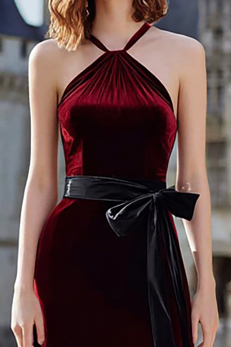 Load image into Gallery viewer, Burgundy Halter Velvet Long Holiday Party Dress with Bow