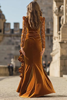 Caramel Mermaid Ruffled Velvet Long Holiday Party Dress with Slit